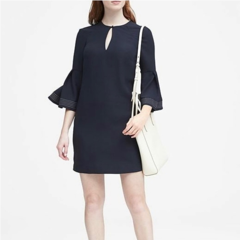 Banana Republic Trumpet Sleeve Knee Length Shift Dress, Navy Blue Size 12